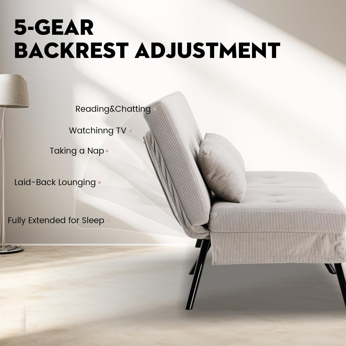 COMHOMA Convertible Futon Sofa Bed, 68" Corduroy Futon Couch with Adjustable Backrest, Folding Futon Loveseat for Living Room, Bedroom (Cream) COMHOMA