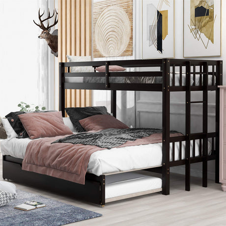 Twin Over Twin Bunk Bed with Trundle, Expandable Bunk Bed Frame, Convertible Bottom Bed, Pull-Out Bunk Bed Twin Over Twin/Double Twin, Wood Kids Bunk Bed with Ladder and Safety Rail, Espresso Harper & Bright Designs