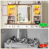 EnHomee Vanity Desk with Mirror and Lights, 43" White Makeup Vanity Desk with 5 Drawers & 2 RGB Glass Cabinets, Adjustable 3 LED Lights for Bedroom, Farmhouse Dressing Table for Women EnHomee