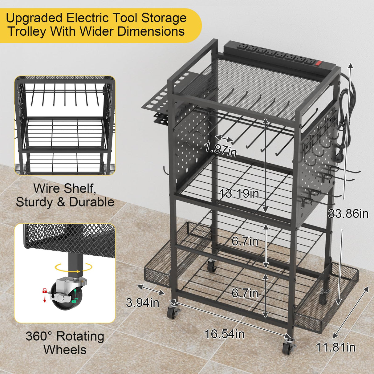 Power Tool Organizer Cart with Charging Station, Heavy Duty Garage Tool Organizer Rolling Tool Battery Storage with 8-Outlet Power Strip, 4 Wheels, 2 Hanging Baskets, 8 Hooks, Drill Bit Holder, Black NEYCIL
