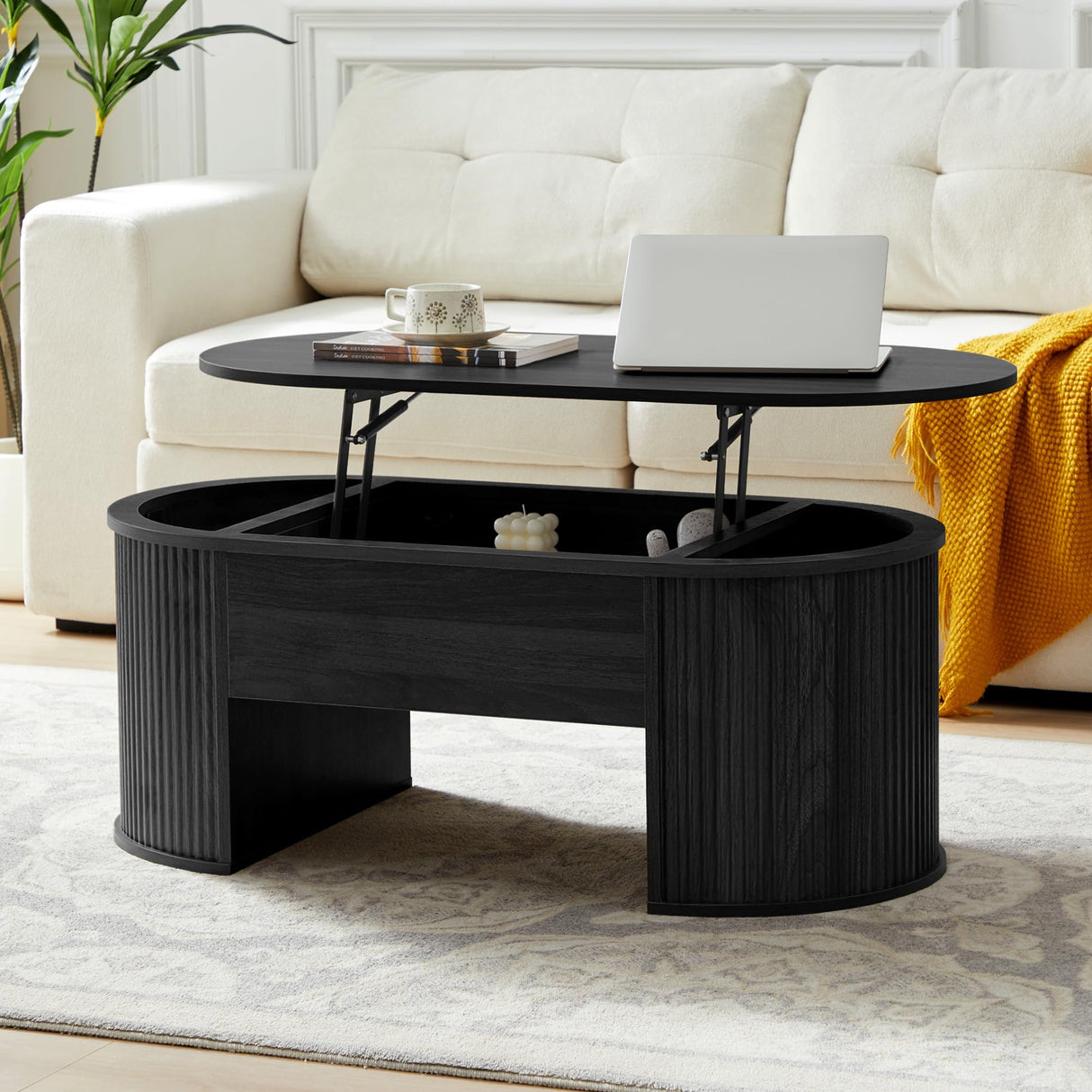 QHITTY Fluted Coffee Table with Lifting Top, Oval Wood Lift Top Coffee Table with Hidden Compartment, Mid Century Pull up Center Tables for Living Room, Office - Black QHITTY