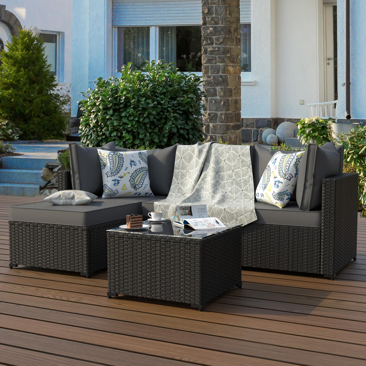 Patio Furniture Set, 5PCS Outdoor Conversation Sets Waterproof Rattan Sectional Sofa with 4” Thickened Cushion Modular Wicker Patio Furniture Set with Glass Top Table for Balcony, Backyard (Grey) Phonjoroo