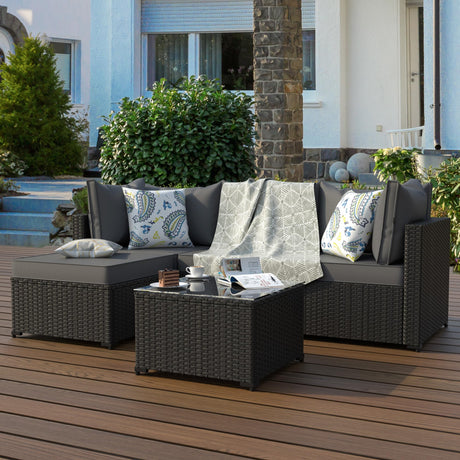 Patio Furniture Set, 5PCS Outdoor Conversation Sets Waterproof Rattan Sectional Sofa with 4” Thickened Cushion Modular Wicker Patio Furniture Set with Glass Top Table for Balcony, Backyard (Grey) Phonjoroo