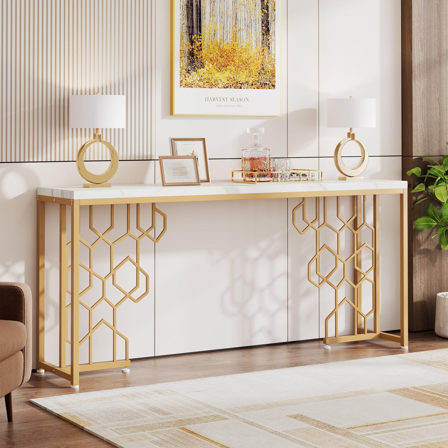 Tribesigns Modern Console Table, 70.87" Long Entryway Table for Living Room, Hallway, Entrance, Front Door, Foyer Sofa Table with Geometric Gold Frame & Faux Marble White Tabletop - WoodArtSupply