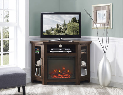 Walker Edison Alcott Classic Glass Door Fireplace Corner TV Stand for TVs up to 55 Inches, 48 Inch, Traditional Brown