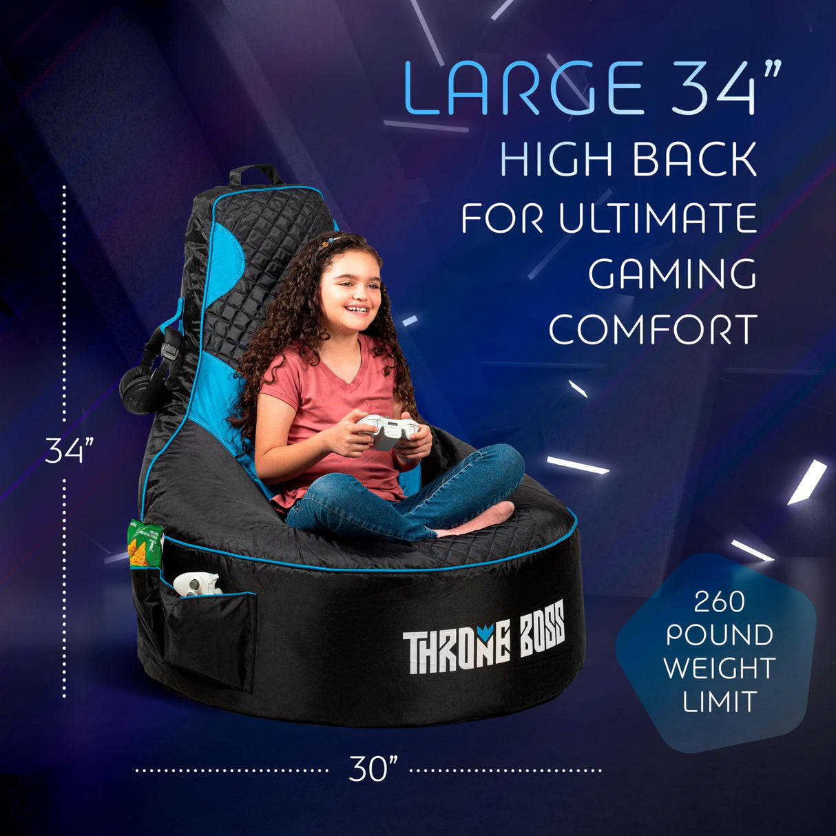 Throne Boss Gaming Bean Bag Chair for Kids [Cover ONLY No Filling] - High Back Beanbag for Boys, Girls, and Gamers with Cup Holder (Black/Blue) Throne Boss