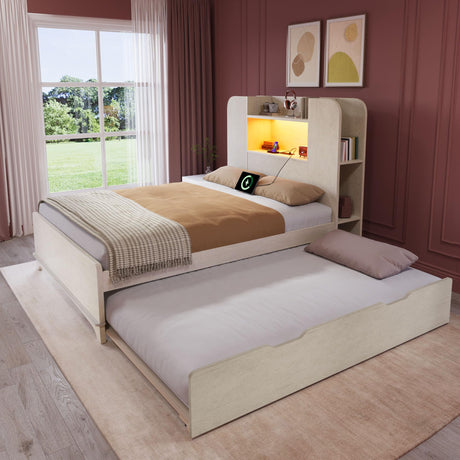 DWVO Twin Size Bed with Trundle, Bookcase Bed Frame with Storage Headboard and Charging Station, RGB LED Lights Bed with Wooden Support with Type-C, No Box Spring Needed, Noise Free, White DWVO