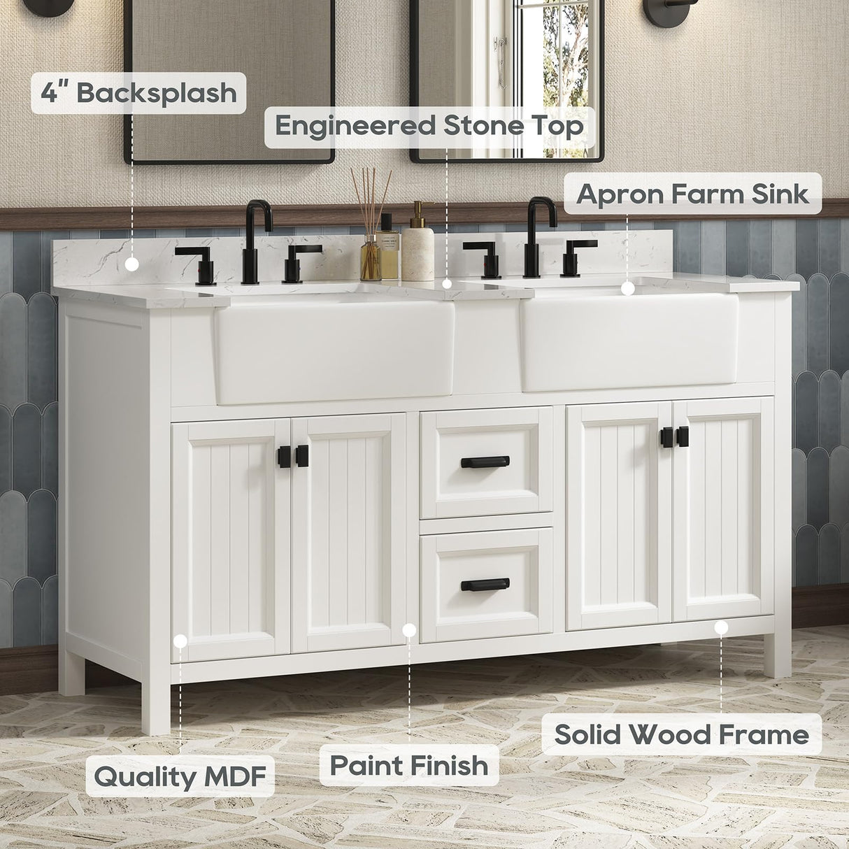 DELUXE LIVING 60 Inch Bathroom Vanity with Double Sink, Farmhouse Bathroom Vanity Cabinet with Soft Closing Doors & Dovetail Drawers, Vanity for Bathroom, Adjustable Feets, Apron Farm Sink, White DELUXE LIVING