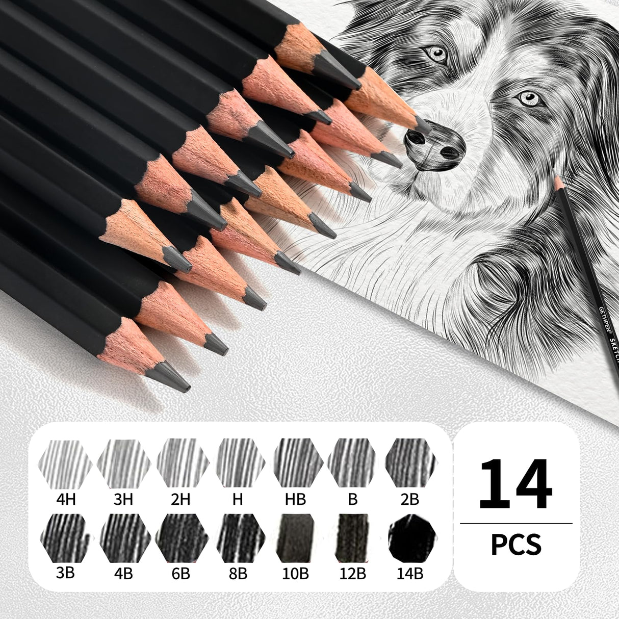 GETHPEN Professional Drawing Sketching Pencil Set - 14 Pieces Graphite Pencils(14B - 4H), Ideal for Drawing Art, Sketching, Shading, Artist Pencils for Beginners & Pro Artists GETHPEN