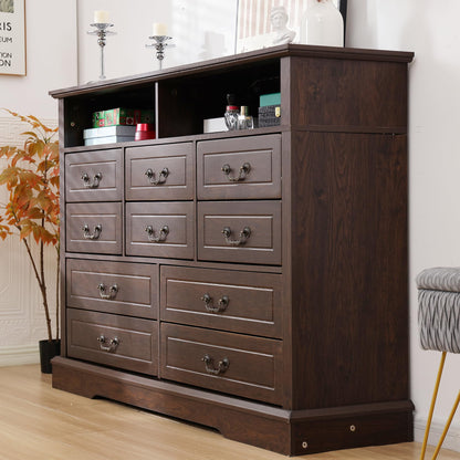 EnHomee Farmhouse Dresser for Bedroom 55.2''Wide Wood Dresser with LED & Power Outlet Vintage 10 Drawers Dressers & Chests of Drawers Long Dresser TV Stand, Closet, Entryway, Rustic Brown - WoodArtSupply