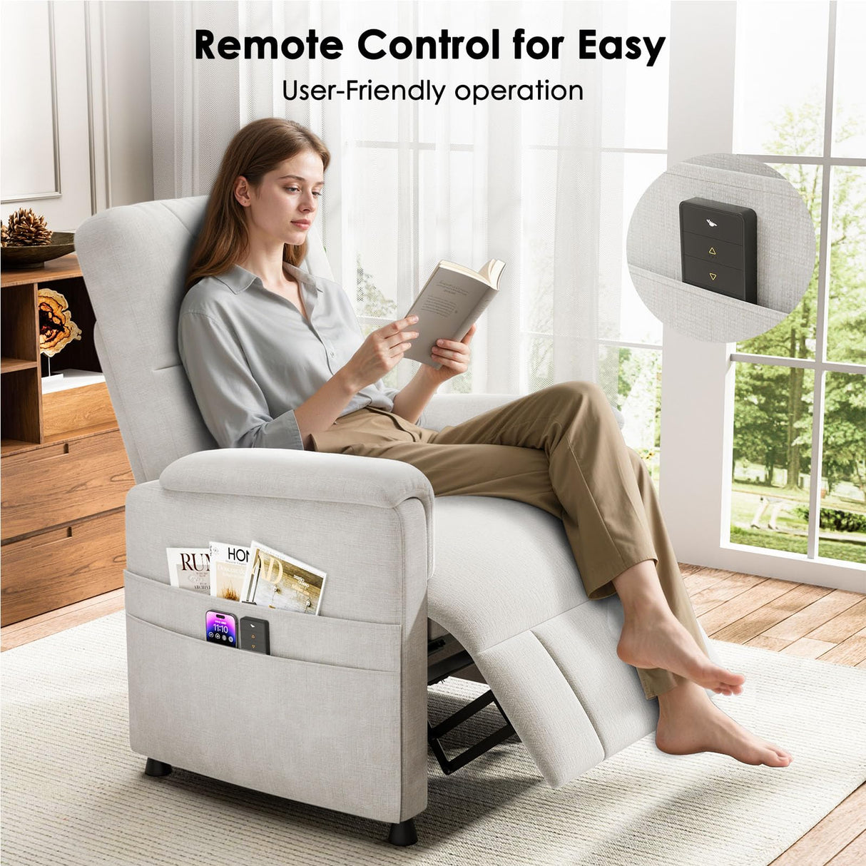 Amada Power Recliner Chair for Adults, Chenille Electric Reclining Chair for Small Spaces with Remote & Side Pockets, Thick Seat Cushion for Home Theater, RV, Living Room & Bedroom (White) AMADA HOMEFURNISHING