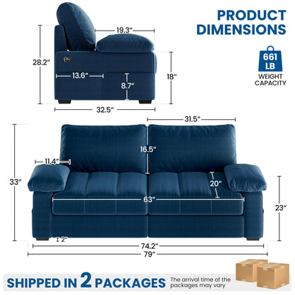 Yaheetech 79" Sofa Couch Modern Velvet Couch with Removable Covers & USB Ports Oversized Loveseat Sofas with Storage Pockets for Living Room Bedroom Apartment Blue