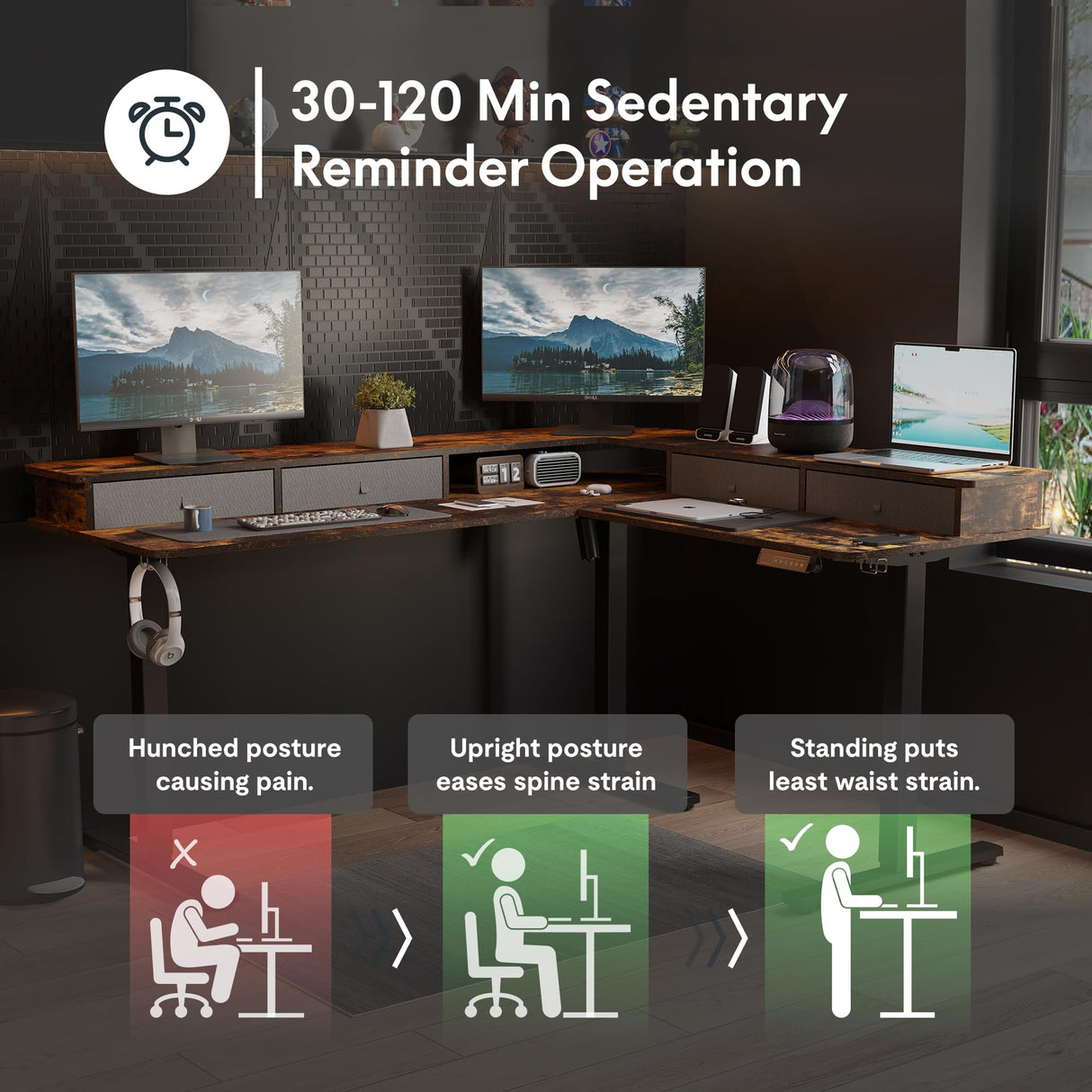 FLEXISPOT 63'' L Shaped Standing Desk Electric Corner Table with Shelf, 4 Storage Drawers, Adjustable Computer Workstation for Home, Office, Game, Studio, USB Charger, Rustic Brown Top + Black Frame FLEXISPOT