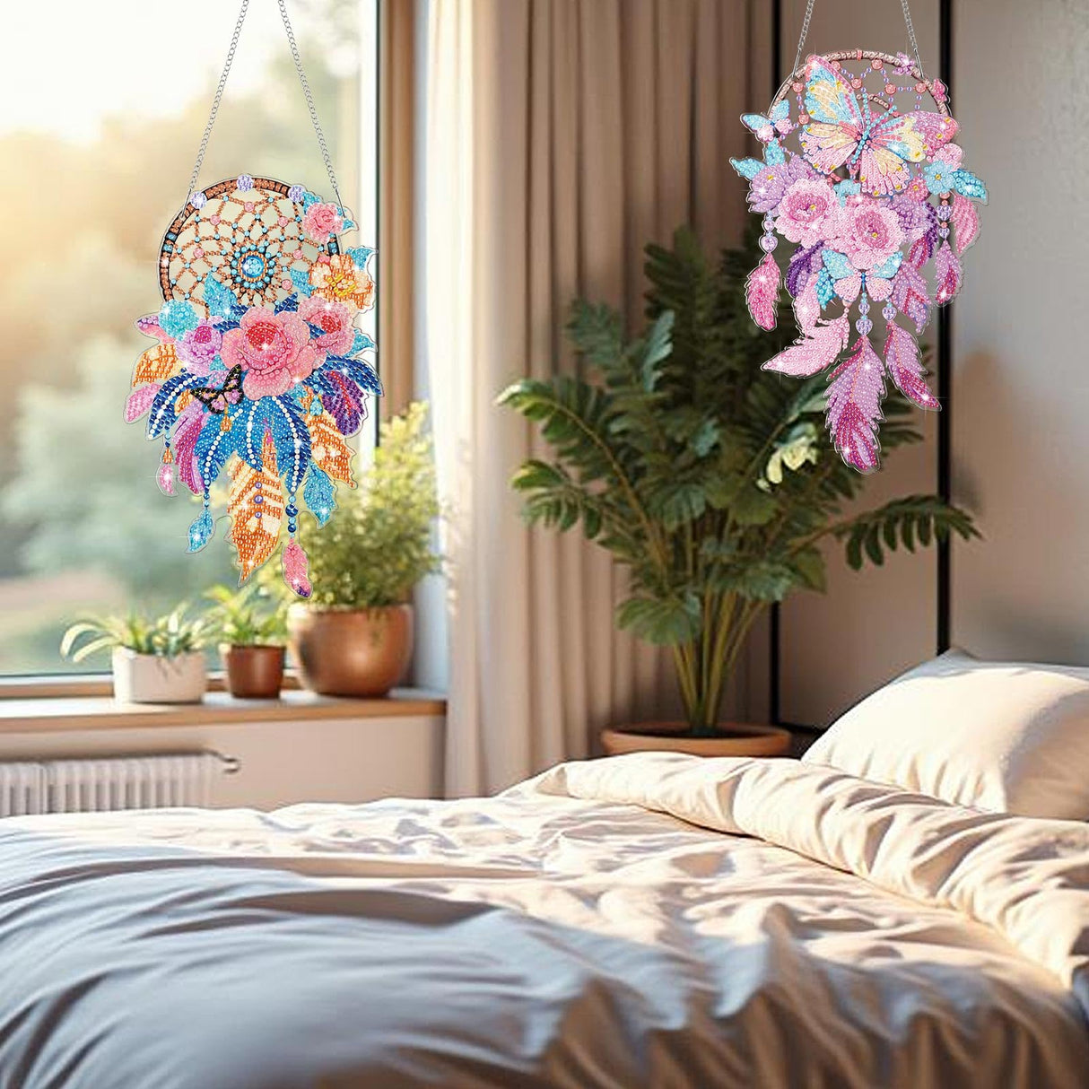 Saillong 2 Pcs Dream Catcher Diamond Art Painting Kits for Adults DIY Summer Butterfly Flower Suncatcher Hanging Diamond Painting Art Wind Chime Hanging for Home Window Door Decor(Flower) Saillong