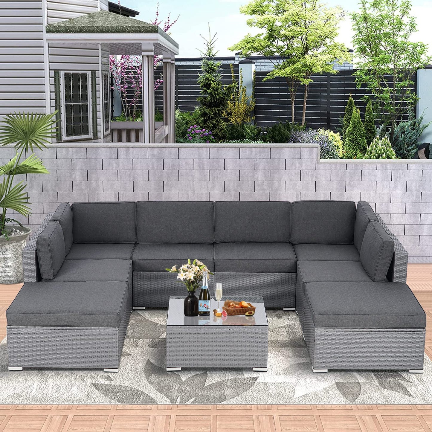 Betterland 9 Piece Outdoor Sectional Sofa Patio Furniture Set, All-Weather PE Grey Wicker Patio Conversation Set with Washable Cushion and Glass Table(Grey Cushions)