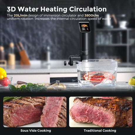 KitchenBoss WIFI Sous Vide Cooker: Ultra-Quiet Sous-vide Cooking Machine 1100 Watts Stainless Steel Immersion Circulator for Kitchen with TFT Preset Recipes, Black KitchenBoss