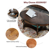 JESONVID Solid Wood Oval Coffee Table with Drawer and Storage Shelf, 44.9" Traditional Retro Center Table Polished Edging Cocktail Tea Table for Living Room Bedroom Home, Vintage Walnut JESONVID