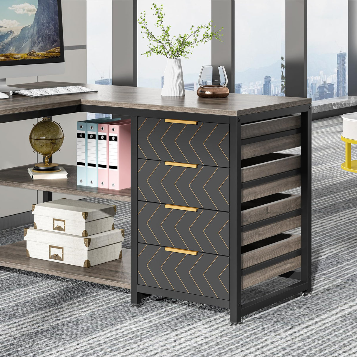 Tribesigns L Shaped Computer Desk with Storage Drawers, 59 inch Corner Desk with Shelves, Reversible L-Shaped Office Desk Writing Table Workstation for Home Office, Grey Tribesigns