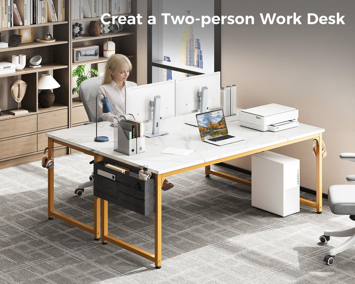 ODK Computer Desk Large Office Desk, 63 Inch Gaming Desk with Storage, Modern PC Desk Work Table with Headphone Hook for Home Office, Splice Board, White Marble + Gold Leg ODK