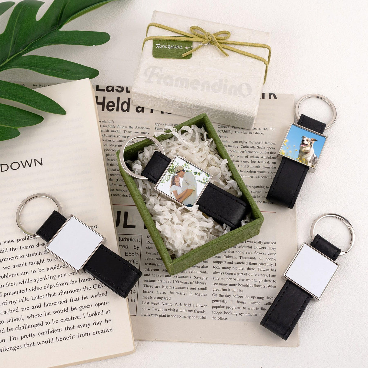 Framendino, 4 Pack Leather Sublimation Blanks Keychain with Metal Square Rectangle Heat Transfer Blank Tray Key Chain for DIY Crafts Photo Black Framendino