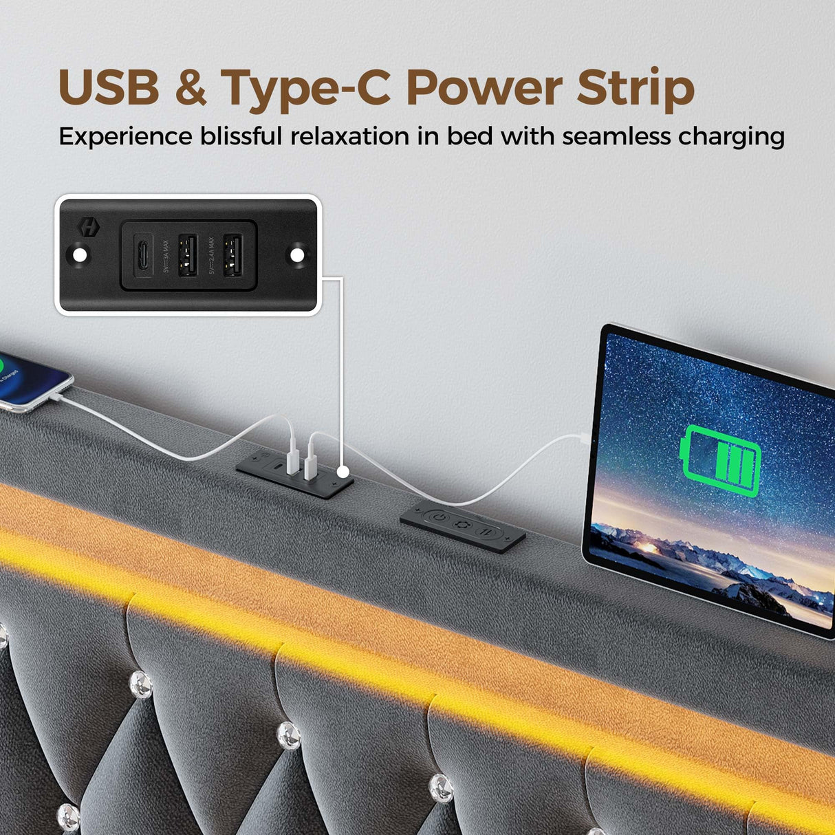 Rolanstar Twin Bed Frame with LED Light and Charging Station, Upholstered High Headboard and Footboard, Wood Slats, Noise Free, Easy Assembly, Grey Rolanstar