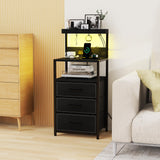 SZLHANJZ LED Nighstand with Charging Station, Dresser Nightstand with 3 Drawers and LED Lights, Storage Side Table with 3 Shelf and Hooks, Bedroom End Table for Bedside, Modern Black SZLHANJZ