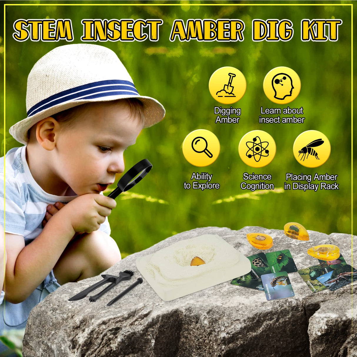 Bigger Amber Dig Kit - 8 Different Artificial Insect Resin,Excavate Unique Insect Specimens,Bugs Toys Educational Science Kits Toys for Kids,STEM Projects Gift for Girls & Boys Age 6-8-12-14 Year Old Cameparck