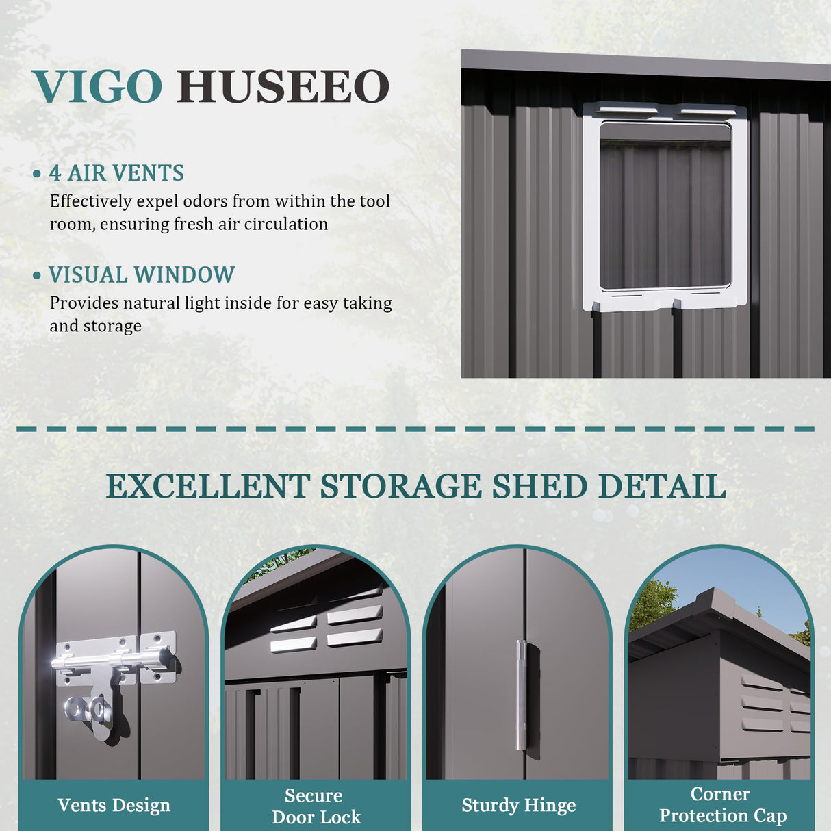 Vigo huseeo 4 * 9.2 FT Outdoor Storage Shed, Galvanized Steel Garden Shed with Lockable Door & Window, Waterproof Metal Tool Storage for Garden, Backyard, Patio, Lawn(Gray) Vigo huseeo
