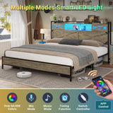 Hasuit Rustic Oak King Size Bed Frame with LED Lights, Charging Station, and Storage Headboard Hasuit