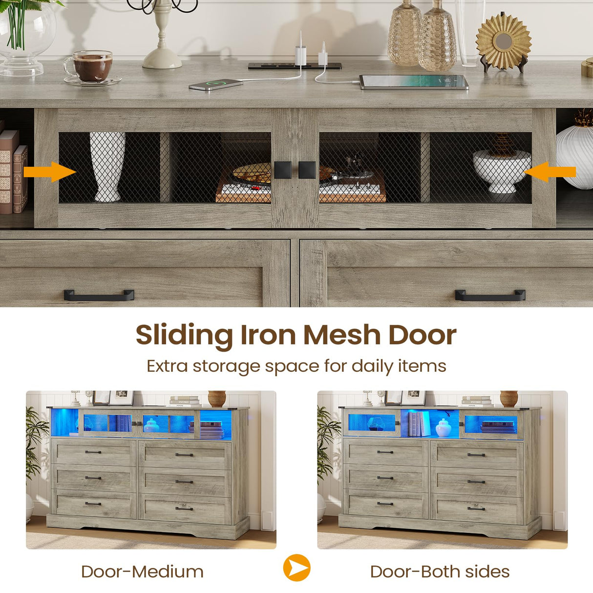 DICTAC Farmhouse 6 Drawers Dresser with Charging Station, LED Dresser with 2 Sliding Doors, Wood Wide Chest of Drawers, Storage Dressers Organizer for Bedroom, Living Room, Rustic Oak DICTAC