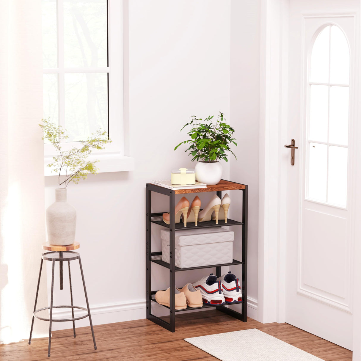 CHEMPFR Narrow 4-Tier Shoe Rack, Slim Space-Saving Shelf with Decorative Wood Top & Steel Mesh, Entryway/Closet/Dorm Organizer, 16.5x11.8x27.9 Inches CHEMPFR