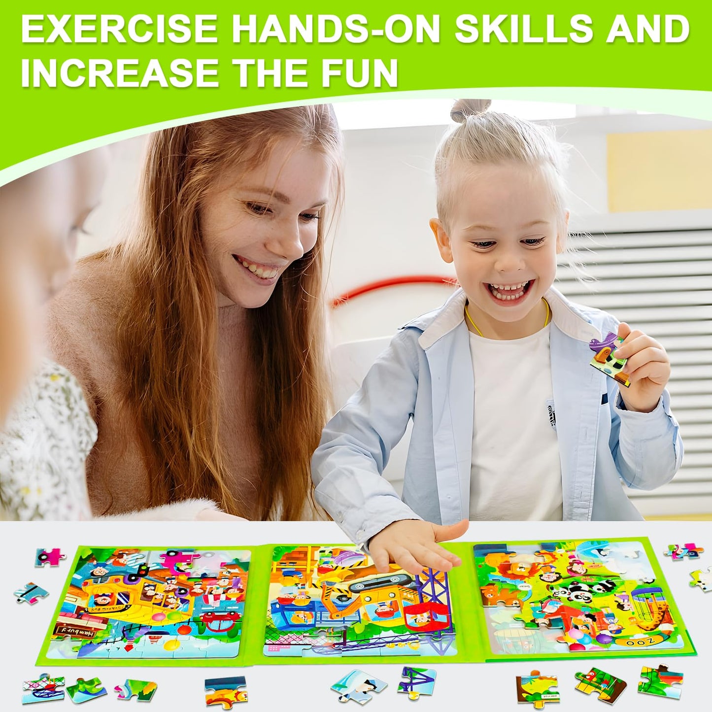 Magnetic Puzzles for Kids Ages 4-8, 3 in 1 Cartoon Jigsaw Puzzle Book, Kids Travel Puzzles Toys, Preschool Learning Toy for Kids 3-8 Year (Green Zoo)