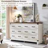 Farmhouse 6 Drawers Dresser for Bedroom, Wood Large Chest of Drawers with Thick Plank Styling, Rustic Closet Dresser for Bedroom or Living Room, Antique White RedLemon
