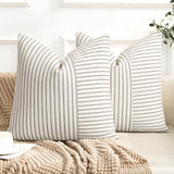 Farmhouse Pillow Covers 18x18, Modern Accent Square Throw Pillow Covers Set of 2, Gray and Beige Striped Patchwork Linen Decorative Pillows Cushion Covers for Couch Chair Bedroom Christmas Decorations YCOLL