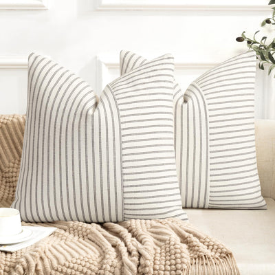 Farmhouse Pillow Covers 18x18, Modern Accent Square Throw Pillow Covers Set of 2, Gray and Beige Striped Patchwork Linen Decorative Pillows Cushion Covers for Couch Chair Bedroom Christmas Decorations