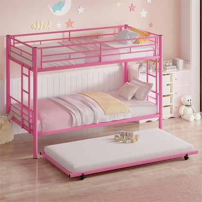 VECELO Bunk Bed Twin Over Twin with Trundle, Metal Bunkbeds with Ladder and Full-Length Guardrail, No Box Spring Needed, Space Saving, Noise Free, Pink