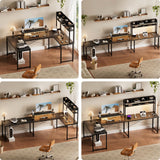 Unikito U Shaped Desk with Hutch, Reversible L Shaped Computer Desk with Power Outlets and LED Strip, Large Office Table with Monitor Stand, Large U Shape Gaming Desk, Black Unikito