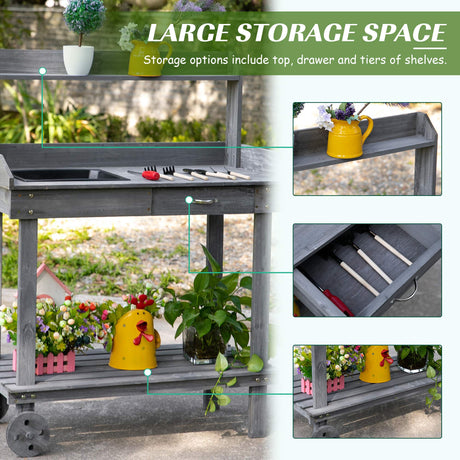 Outsunny 36'' Wooden Potting Bench Work Table with 2 Removable Wheels, Sink, Drawer & Large Storage Spaces, Gray Outsunny