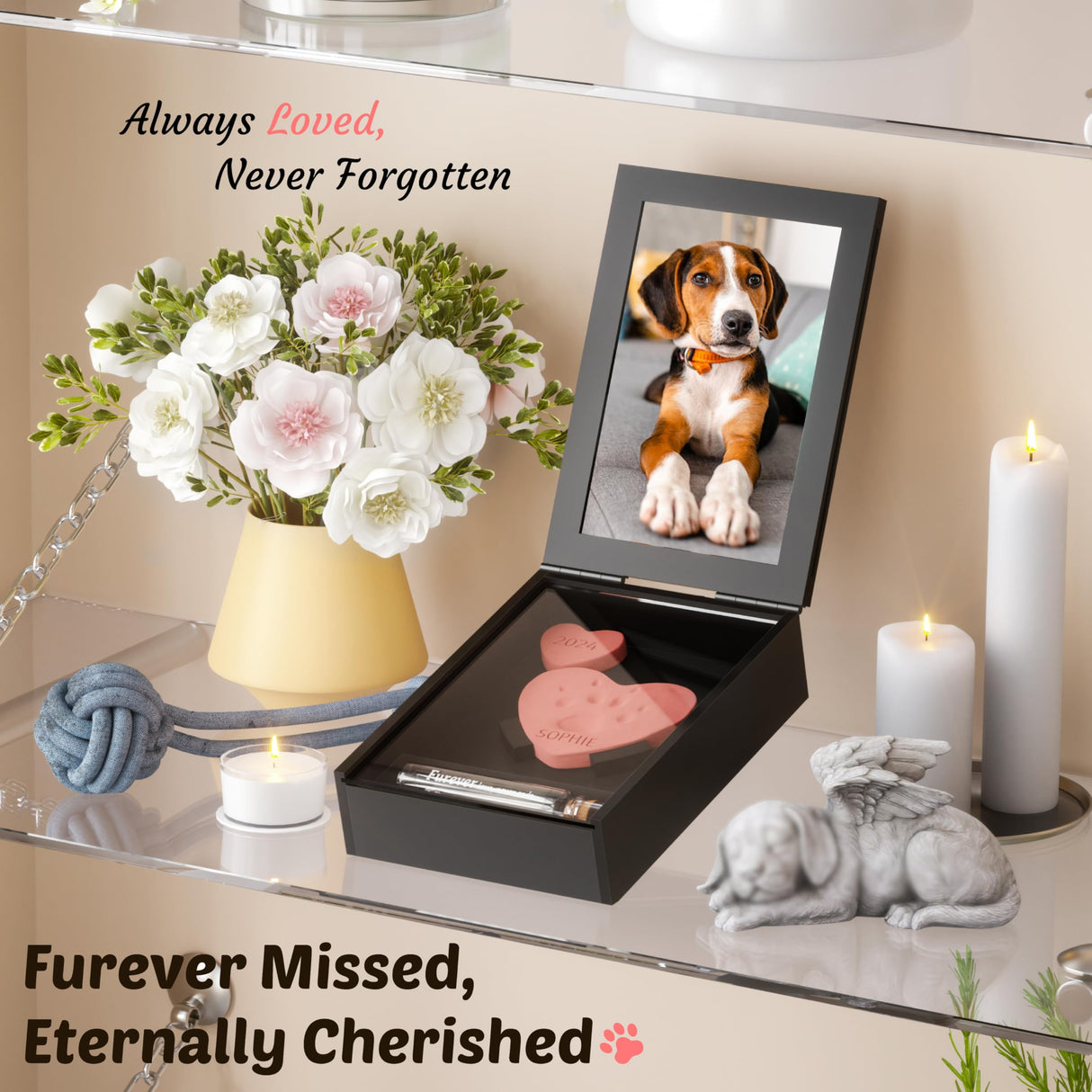 Grarry Pet Memorial Shadow Box with Paw Print Impression Kit Keepsake, 4”X6” Dog Cat Picture Frame, DIY Pawprint Clay Ornament Gift, Acrylic Loss of Dogs Sympathy Gifts with Hair Bottle for Pets Lover Grarry