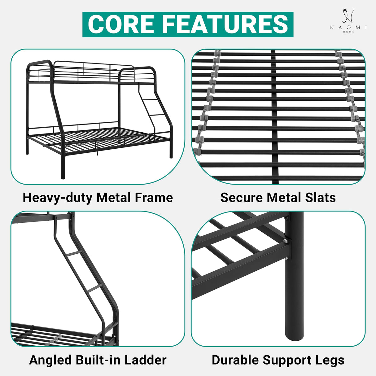Naomi Home Twin Over Full Metal Bunk Bed with Safety Guardrails, 800 lbs Capacity, Angled Ladder, Underbed Storage, Black, Modern Design Naomi Home