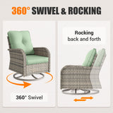 Muphyers 13-Piece Outdoor Patio Furniture Set with Rocking Swivel Chair, Wicker Rattan Sectional Sofa Conversation Set with 55,000 BTU Fire Pit Table with Ottomans, Backyard Furniture, Light Green Muphyers