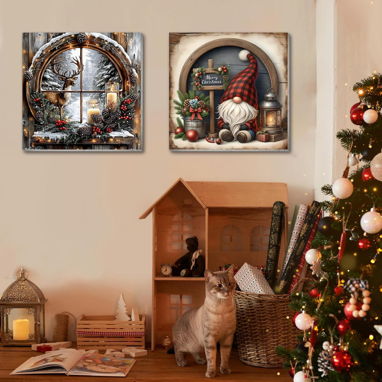 VIGEGU 4 Pack Christmas Paint by Numbers Kit for Adults with Framed,Deer Bell Lantern Gnome Paint by Number with Wooden Easel DIY Adult Painting by Number Kits for Wall Decor for Wall Decor 12x12in VIGEGU