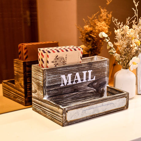 Farmhouse Wood Desktop Mail Organizer Desk Mail Organizer with 2-Slot Desktop Mail Sorter Mail Holder Desk File Organizer Bill Paper Folder Office Desk Accessories Rustic Office Supplies Home Decor OKSQW