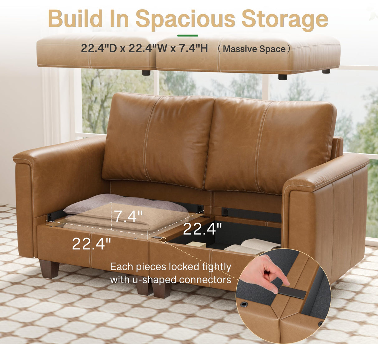 SITJOY Faux Leather 4 Seat L Shape Modular Sofa with Storage Ottoman, L Shaped Sectional Couches for Living Room, 92 inch Width, Brown SITJOY