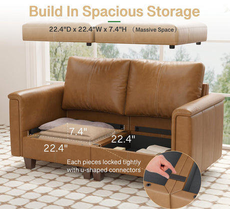 SITJOY Faux Leather 4 Seat L Shape Modular Sofa with Storage Ottoman, L Shaped Sectional Couches for Living Room, 92 inch Width, Brown SITJOY