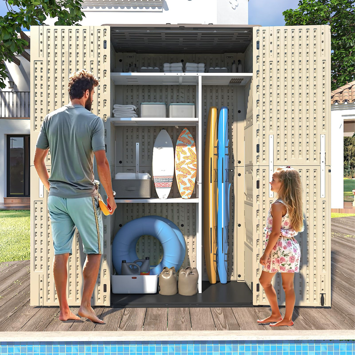 IWDOO 60 Cu.Ft Vertical Outdoor Storage Shed, All-Weather Resin Storage Cabinet Waterproof with Lockable Floor, Tall Backyard Shed for Patio Furniture, Garage, Garden, Pool Accessories, Porch (Khaki) IWDOO