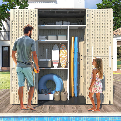 IWDOO 60 Cu.Ft Vertical Outdoor Storage Shed, All-Weather Resin Storage Cabinet Waterproof with Lockable Floor, Tall Backyard Shed for Patio Furniture, Garage, Garden, Pool Accessories, Porch (Khaki) IWDOO