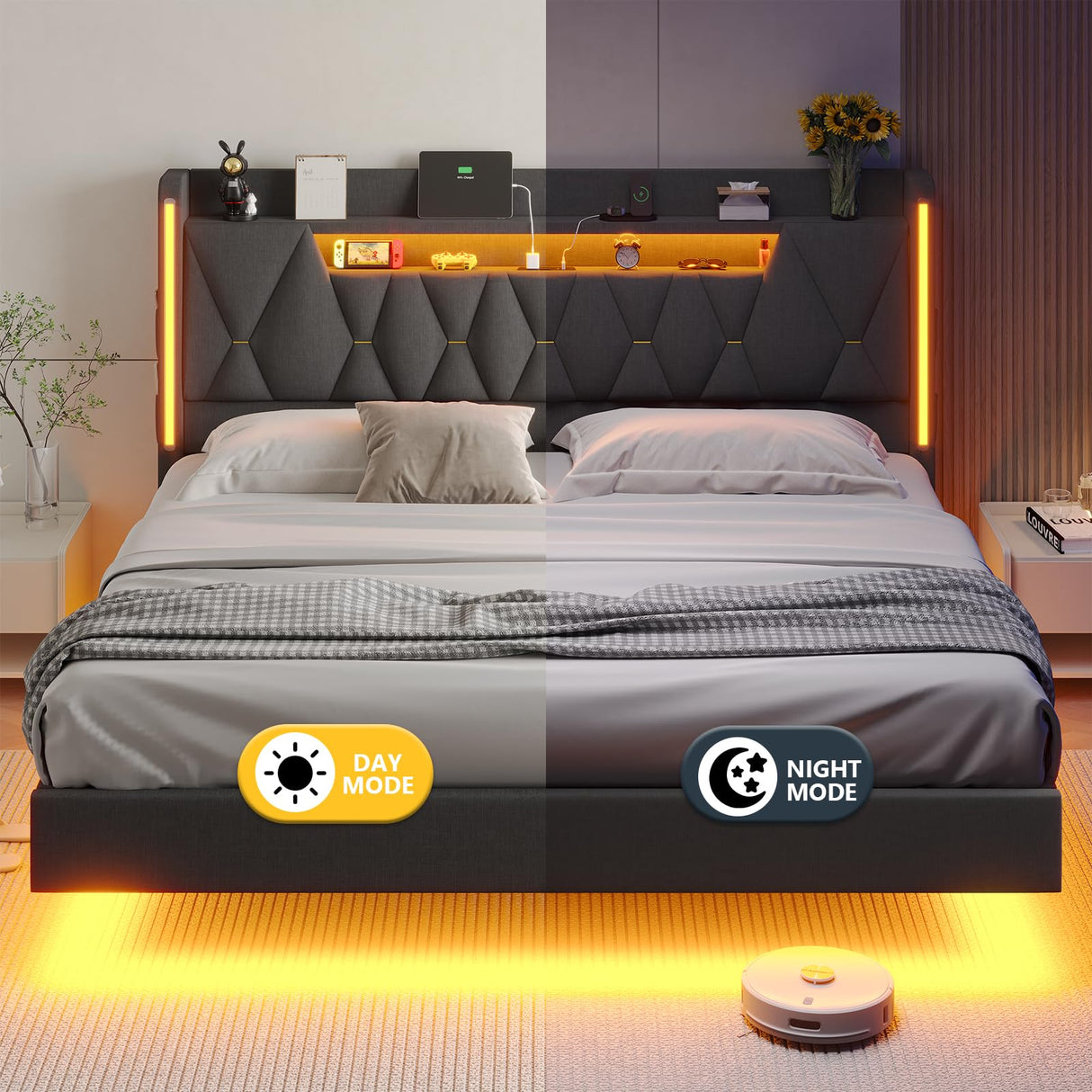 Floating Bed Frame King Size with LED Lights & Private Storage Headboard, King Floating Bed with Charging Station, Fabric Platform Bed, No Box Spring Needed, Noise-Free, Dark Gray BYSAUD