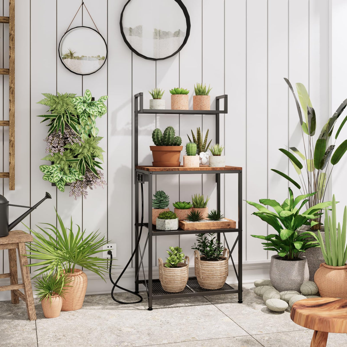 OIRBOEUS Oiboeus Kitchen Bakers Rack with Power Outlet Coffee Bar Station Microwave Stand Kitchen Microwave Rack Shelf Kitchen Shelf Rustic Brown OIRBOEUS