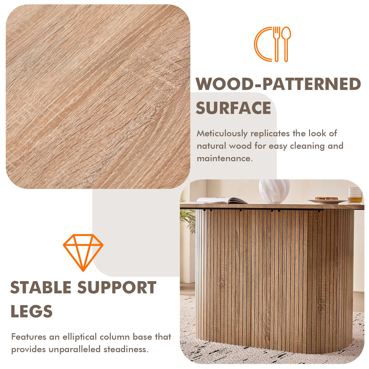 Lecafur HL 63" Large Dining Table for 4 6 Person, [Rounded Corners] [Wood Strip Pedestal Base] Farmhouse Modern Rectangle Kitchen Dinner Table Lecafur HL